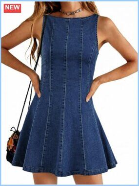 Sleeveless Denim Overall Dress A-Line Mini Jean Dress with Hidden Zipper